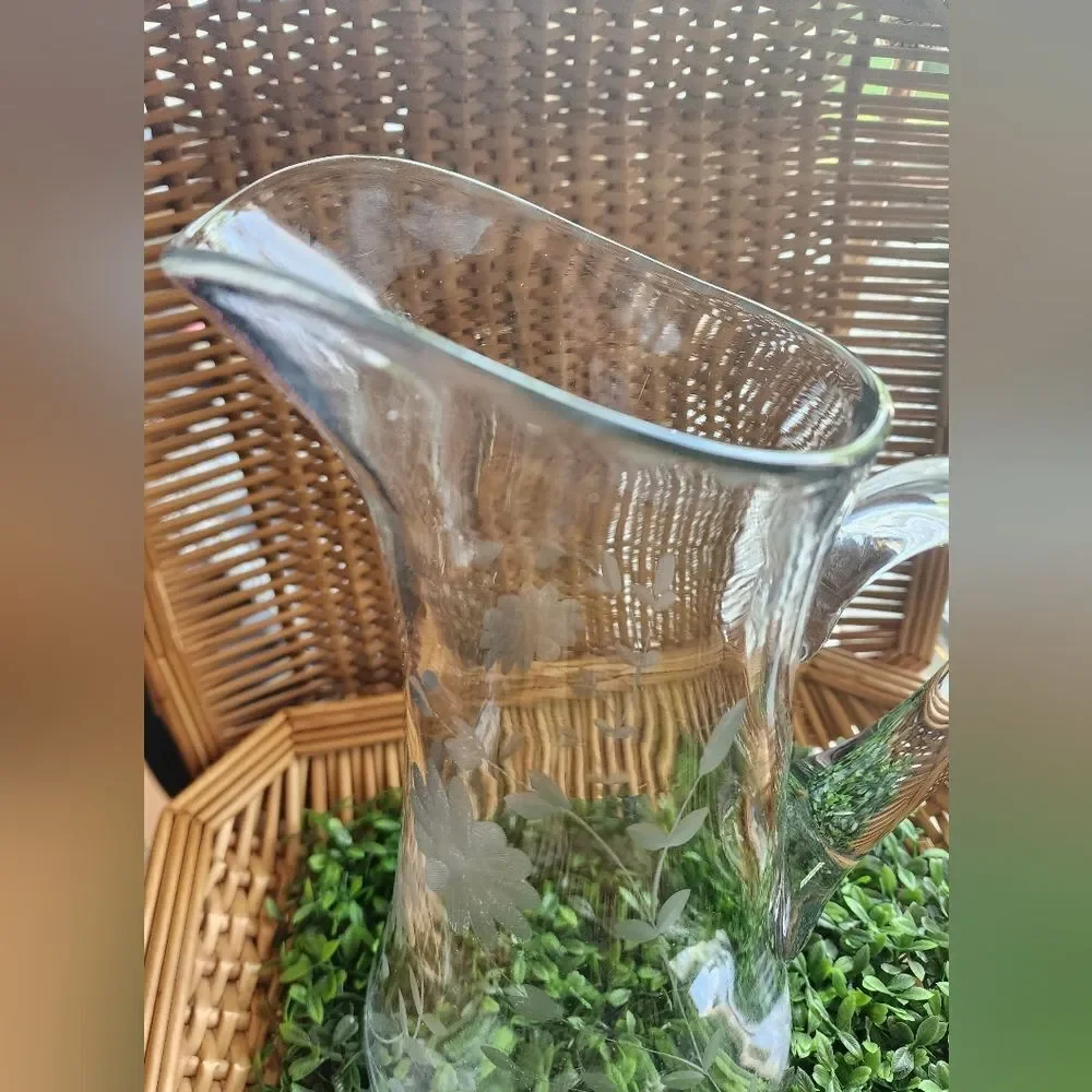 Vintage Etched Floral Pitcher Large